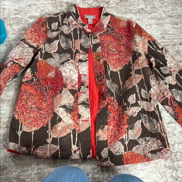 Chico's  Floral lightly quilted Jacket - Red and Brown size Chico’s one/Medium - Picture 8 of 9